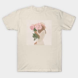 Girl in hat with flowers peonies T-Shirt